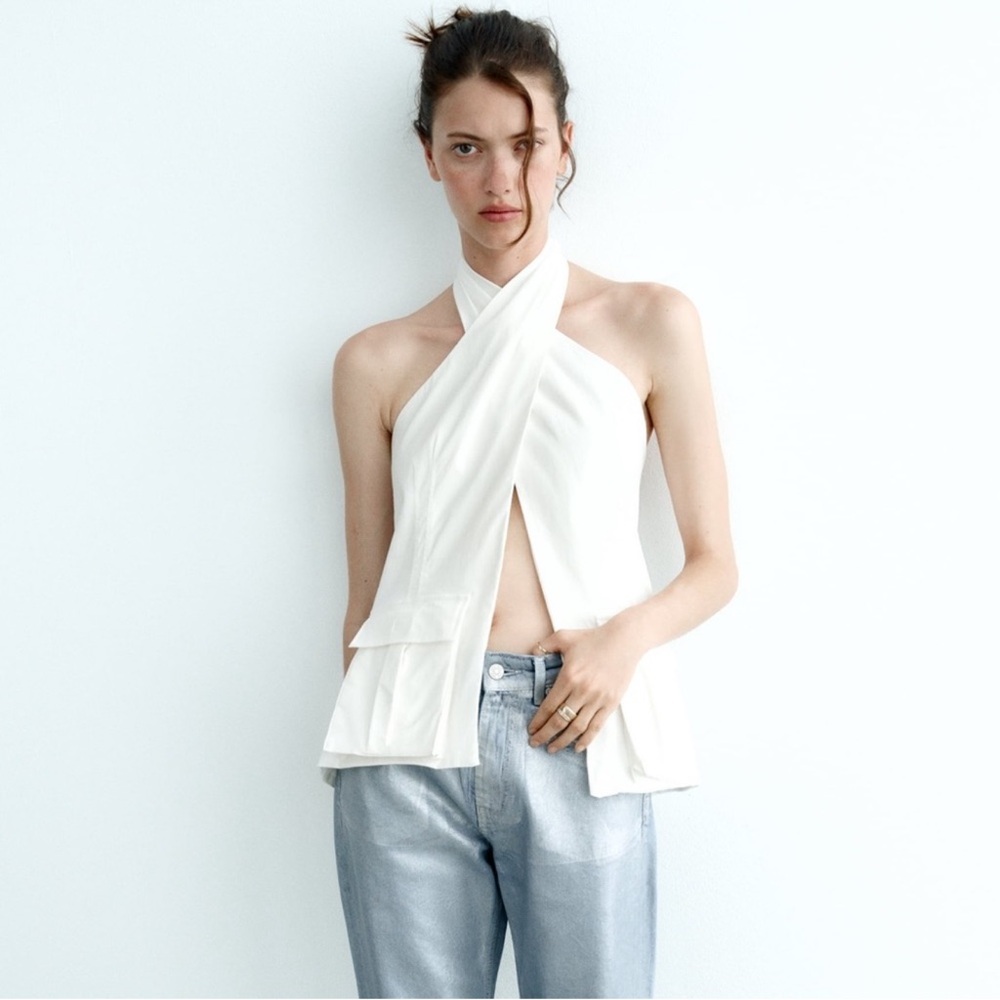 Zara White open back halter Top